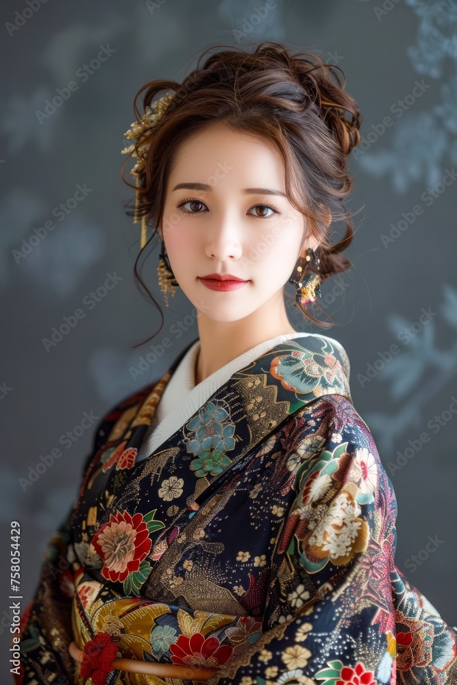 Elegant Woman in Traditional Japanese Kimono with Floral Patterns on Grey Background Elegant Woman in Traditional Japanese Kimono with Floral Patterns on Grey Background
