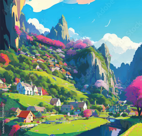 vector illustration of a beautiful village landscape in spring season