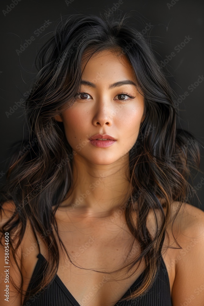 Portrait of a Young Asian Woman with Natural Makeup and Wavy Hair on a Dark Background Portrait of a Young Asian Woman with Natural Makeup and Wavy Hair on a Dark Background