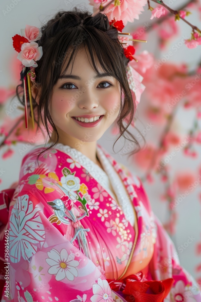 Charming Young Woman in Traditional Japanese Kimono Smiling with Cherry Blossoms Charming Young Woman in Traditional Japanese Kimono Smiling with Cherry Blossoms