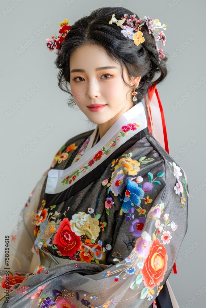 Elegant Asian Woman in Traditional Floral Kimono with Ornate Hair Accessories Posing Against a Neutral Background Elegant Asian Woman in Traditional Floral Kimono with Ornate Hair Accessories Posing Against a Neutral Background