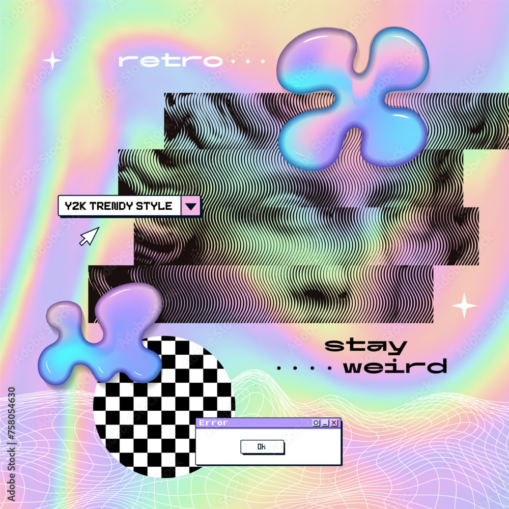 Surreal retrofuturistic collage of user interface with female Roman antique statue in wavy distorted style. Vaporwave vector illustration with fluid blobs.