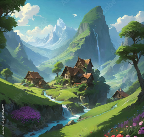 vector illustration of a beautiful village landscape in spring season