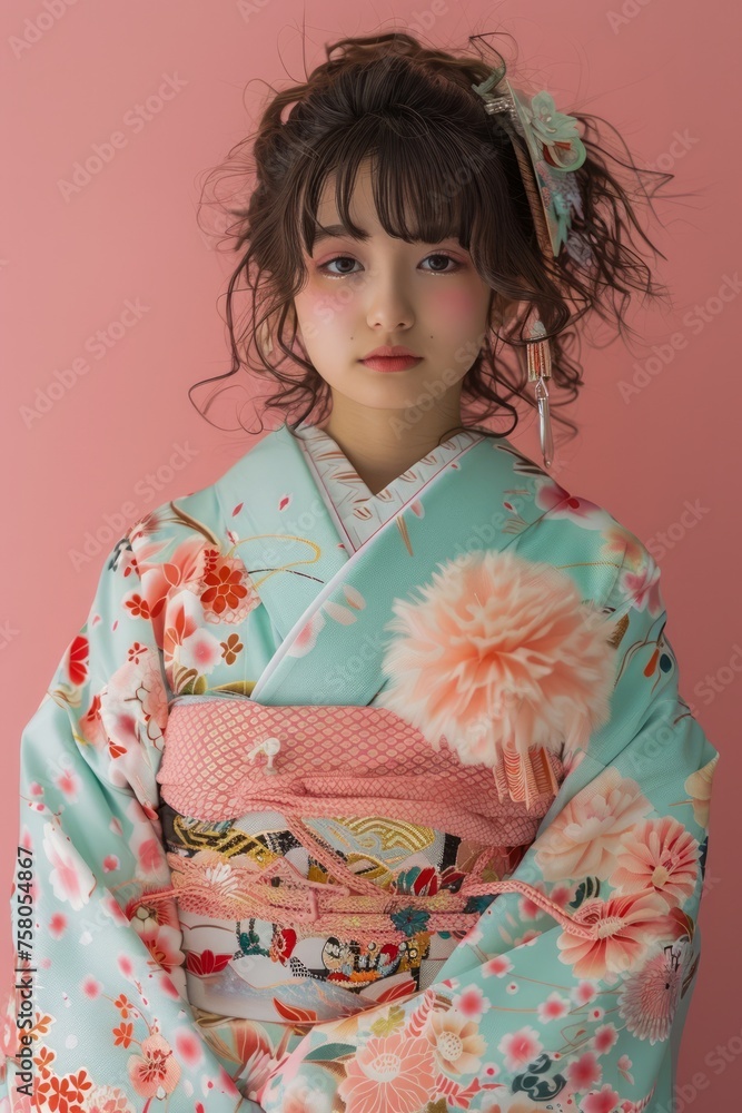 Young Woman in Traditional Japanese Kimono with Floral Patterns on Pink Background Young Woman in Traditional Japanese Kimono with Floral Patterns on Pink Background
