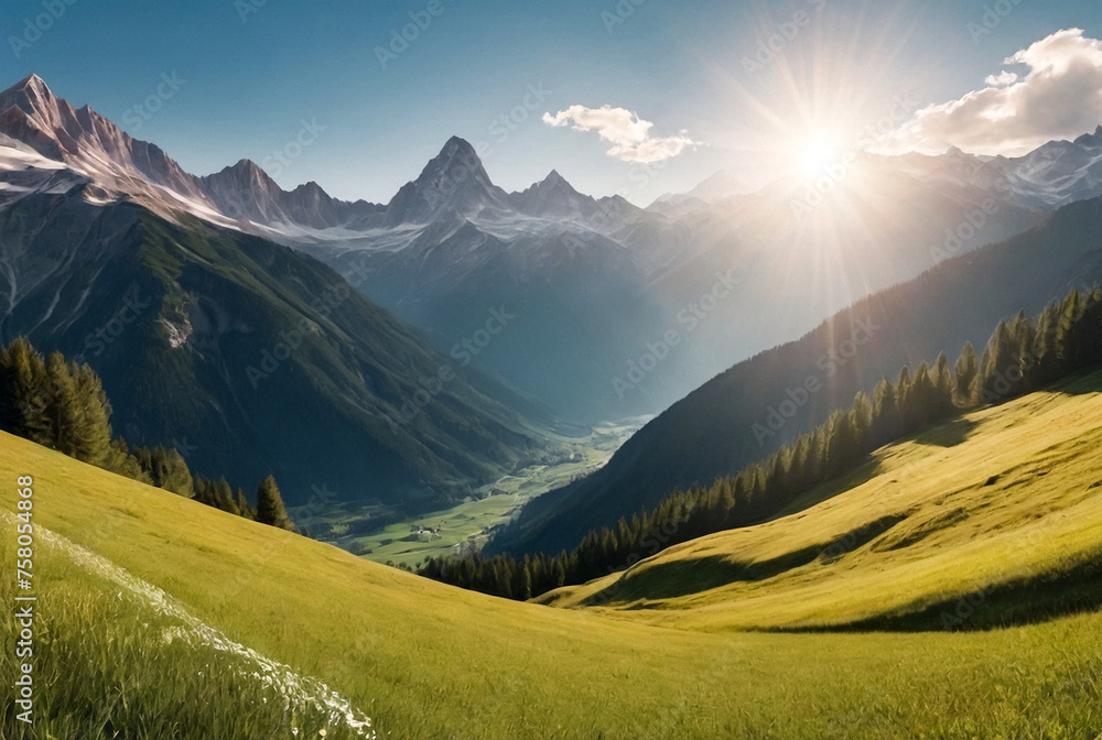 Panoramic alpine meadow with majestic mountain view. Lush green alpine meadow under a clear blue sky with panoramic mountain range in the background - obrazy, fototapety, plakaty 