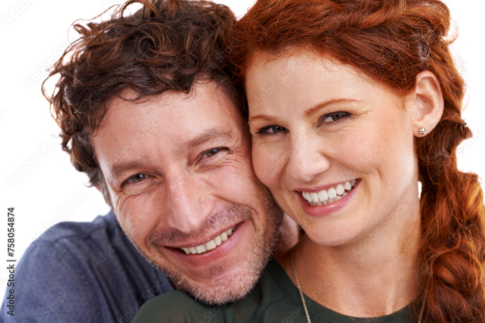 Couple, portrait and hug for romance in studio, support and smile for relationship on white background. Happy people, commitment and trust in security of marriage, closeup and embrace for anniversary Couple, portrait and hug for romance in studio, support and smile for relationship on white background. Happy people, commitment and trust in security of marriage, closeup and embrace for anniversary