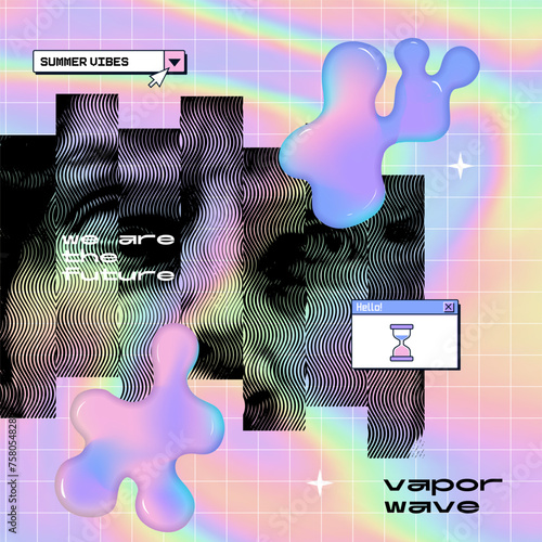 80s 90s holographic collage in the vaporwave style of a ancient Roman bust statue, some abstract fluid blobs, and vintage pc style icons. Vector