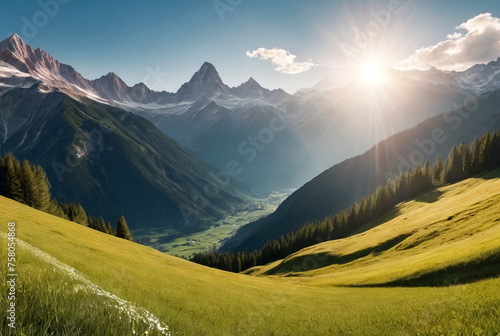 Panoramic alpine meadow with majestic mountain view. Lush green alpine meadow under a clear blue sky with panoramic mountain range in the background © Alex Vog