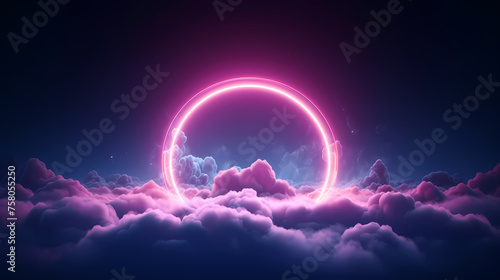 Abstract clouds illuminated with neon rings in dark night sky