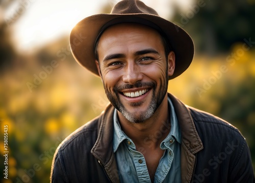 A man wearing a hat is shown smiling warmly whith blurred background photo