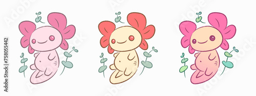 Set of cute cartoon axolotl drawing. Collection of little kawaii pink salamander character isolated on white background. Vector illustration