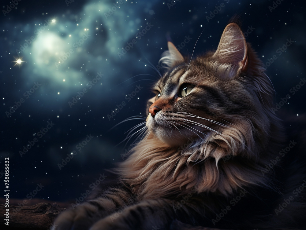 Night sky illuminated by a moon shaped like a serene cat, stars twinkling around its form