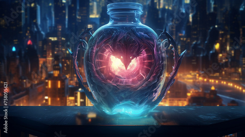 Heart of a dragon glowing within a glass bottle, held by ancient robotic hands, neon city backdrop