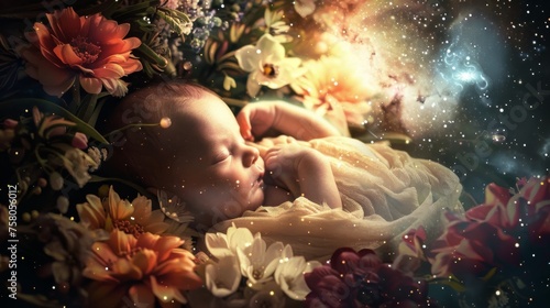 A newborn sleeps tranquilly surrounded by lush flowers, blending the purity of new life with the mystical essence of the cosmos.
