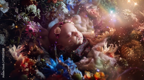 A serene infant sleeps amidst a vibrant cosmic garden, where flowers blend with stardust, reflecting the magic of the universe. © doraclub