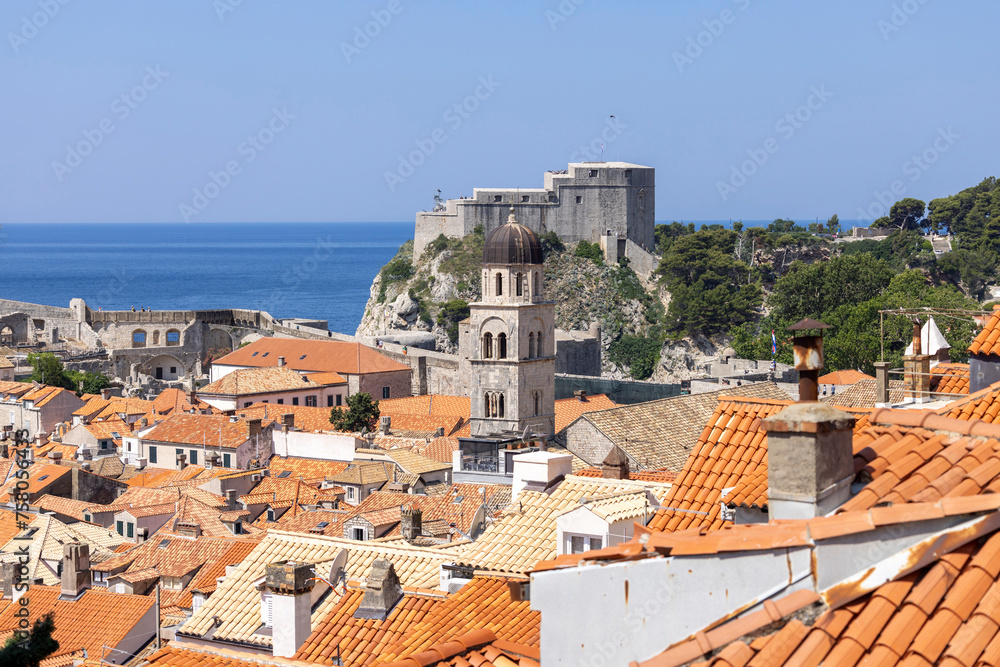 Aerial view of Old Town (Stari Grad) from medieval City Wallsby Adriatic Sea, Dubrovnik, Croatia