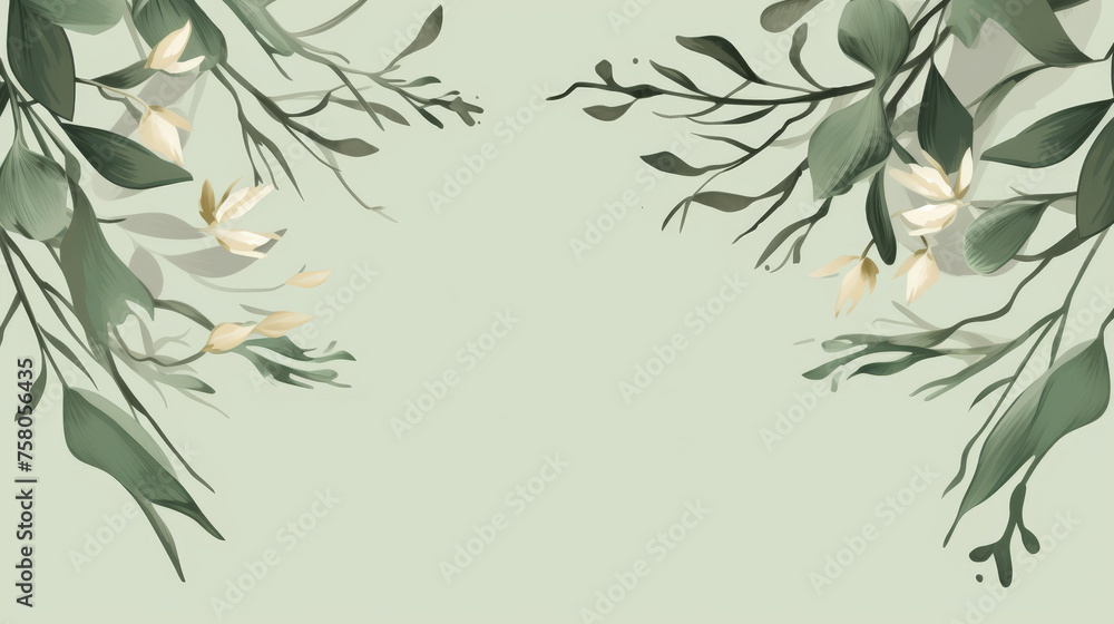 Beautiful Sage Green Leaves on a branch wedding invitation - obrazy, fototapety, plakaty 