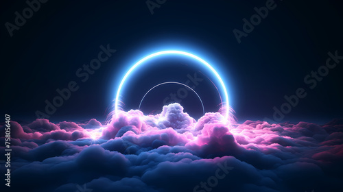 Abstract clouds illuminated with neon rings in dark night sky