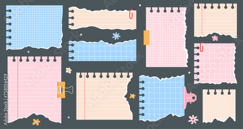 Cute torn paper for notes in bullet journal with decorative tape, binders and clips. Kidcore concept.
