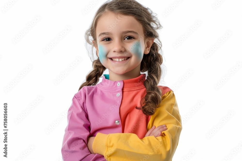 Happy child with colorful face paint smiling confidently in studio Happy child with colorful face paint smiling confidently in studio