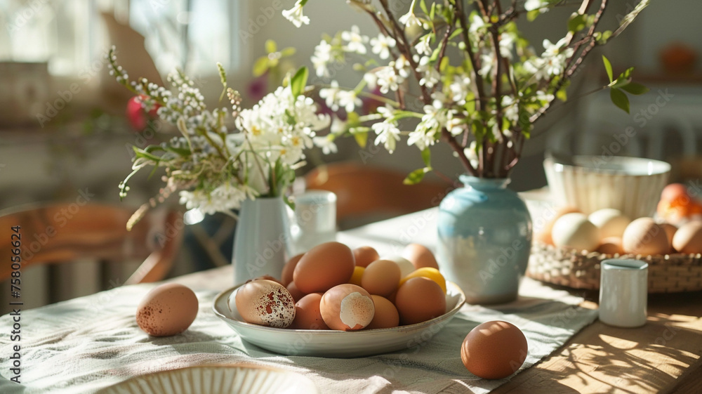 Stół wielkanocny z jajkami pisankami - Generative AI	 - obrazy, fototapety, plakaty 