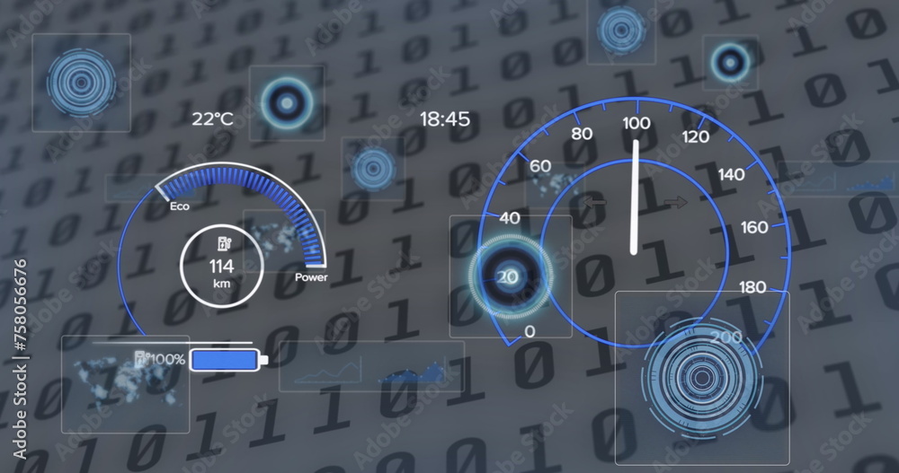 Fototapeta premium Image of car interface over scope scanning and binary coding on white background