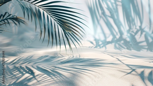 Palm leaf shadow on abstract white sand beach background, generative ai