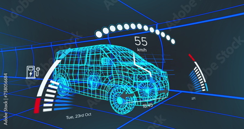 Image of car interface over digital van model on black background