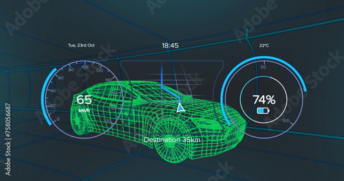 Image of car interface over digital car model on black background