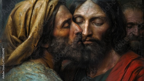 Kiss of Judas: pivotal moment of betrayal in the life of jesus christ, profound religious symbolism depicted in the bible, exploring themes of loyalty, deception, and redemption in christian theology