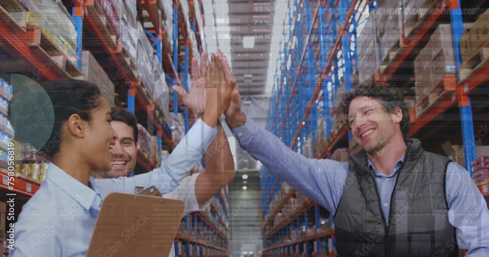 Image of data processing over diverse workers in warehouse Image of data processing over diverse workers in warehouse