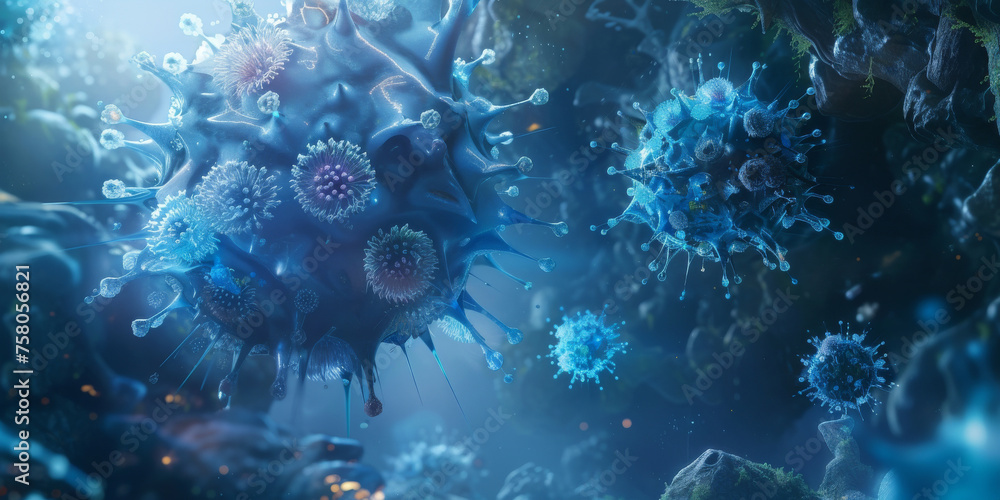 Close-up image blue virus - obrazy, fototapety, plakaty 