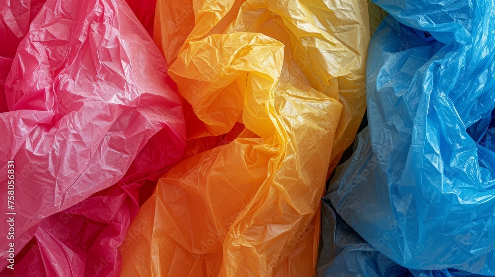 Multi-colored full garbage plastic bags on white background with copy space. Concept of environmentally friendly redistribution of waste Multi-colored full garbage plastic bags on white background with copy space. Concept of environmentally friendly redistribution of waste