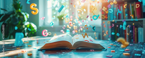 Abstract background of open book lying on the table with colourful letters flying around. photo