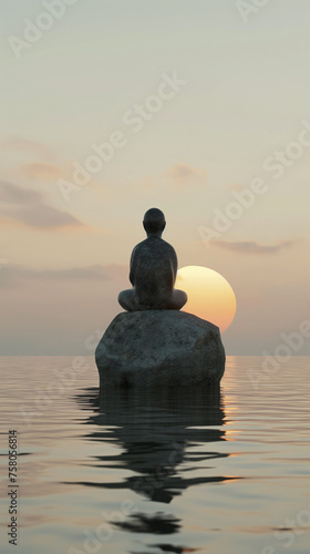 statue of person meditating on water at sunset © IBEX.Media