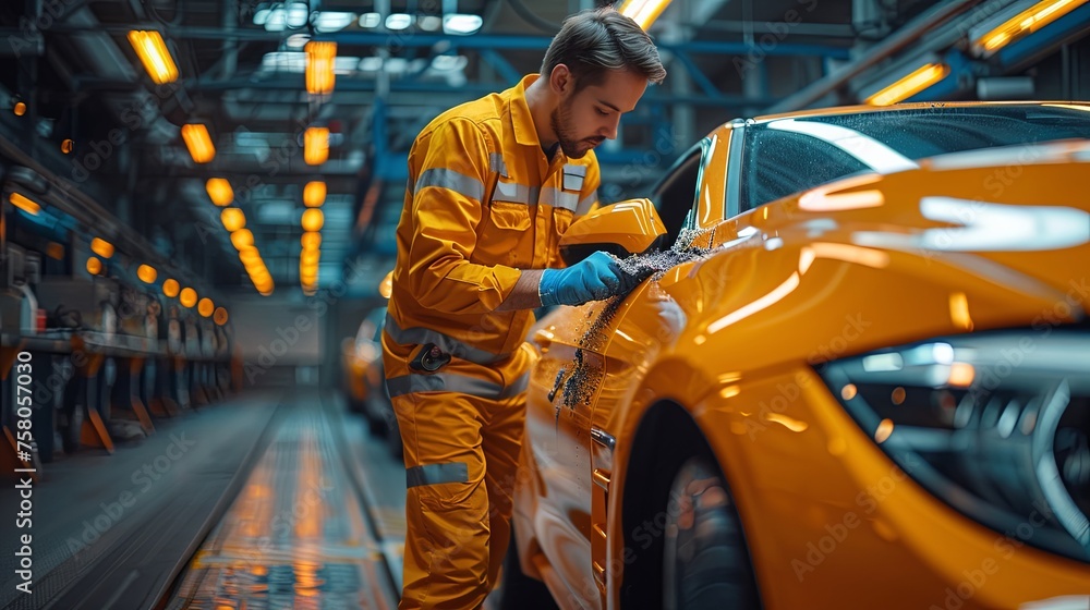 Worker in yellow uniform polishing car body at automobile repair service station.