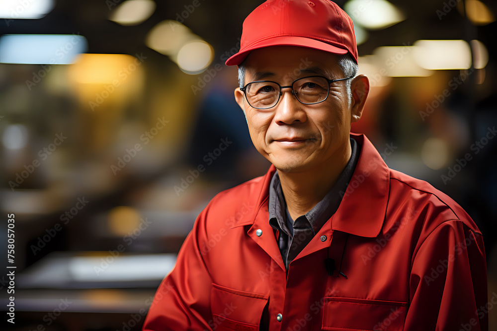 A senior Asian man in a red work uniform and cap exudes confidence and expertise, perfect for commercial and editorial use representing skilled labor, experienced staff, or service industry profession A senior Asian man in a red work uniform and cap exudes confidence and expertise, perfect for commercial and editorial use representing skilled labor, experienced staff, or service industry profession