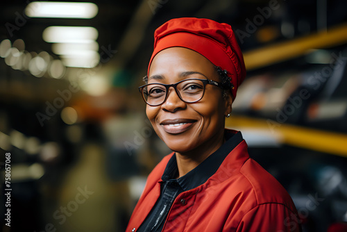 Confident Female Factory Worker Portrait. A proud female worker in red uniform and headwear, representing industrial employment, women's workforce empowerment, and diversity.