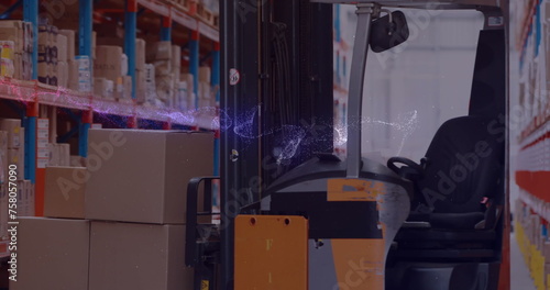 Image of glowing spots of light over forklift and stacked shelves in warehouse,