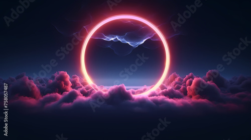 Abstract clouds illuminated with neon rings in dark night sky