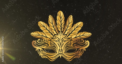 Image of gold mask over black background with light