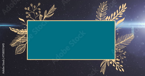 Image of blue frame with copy space and floral decoration on blue background