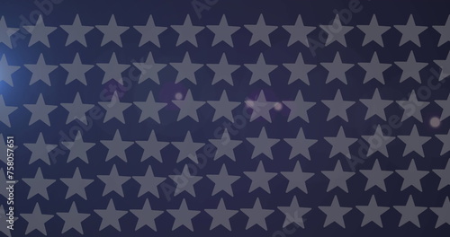 Image of rows of american flag stars spinning on blue background