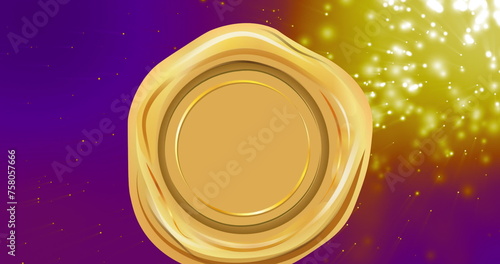 Image of gold stamp over white, violet and pink background