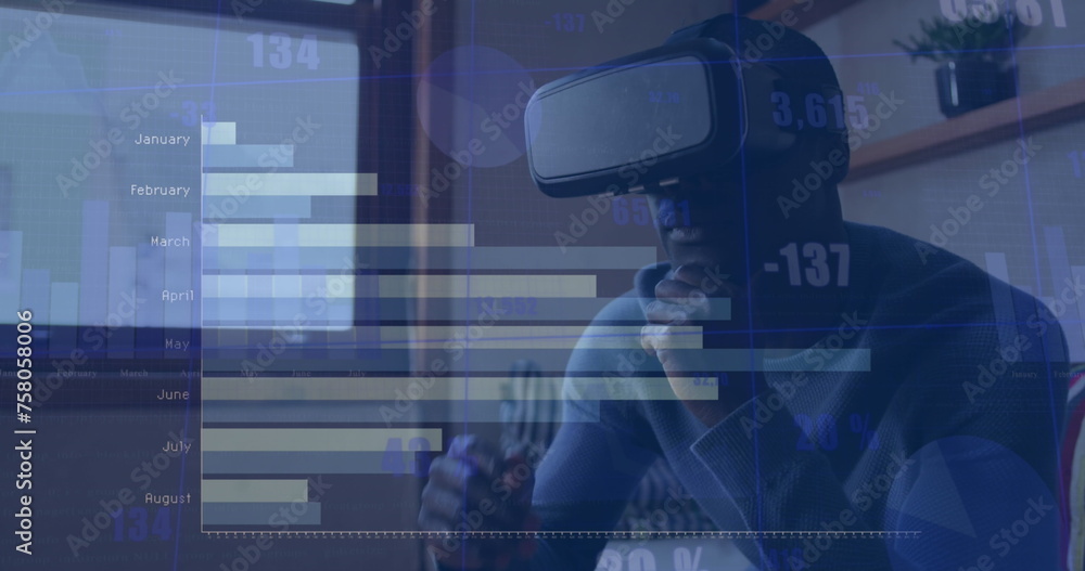 Fototapeta premium Image of data processing over african american man using vr headset