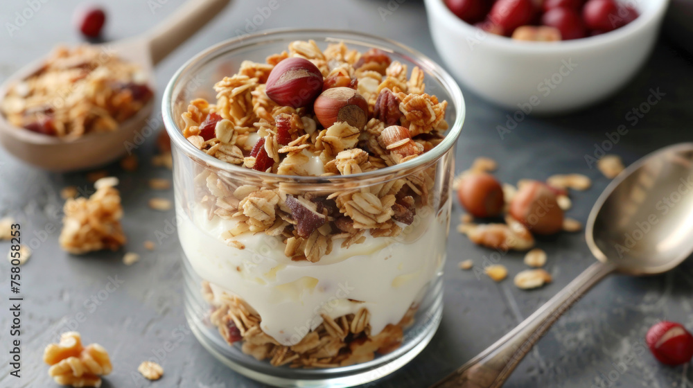 Healthy breakfast concept. Glass glass of granola with yogurt, muesli, nuts and fresh berries fruits on the table. Copy space Healthy breakfast concept. Glass glass of granola with yogurt, muesli, nuts and fresh berries fruits on the table. Copy space