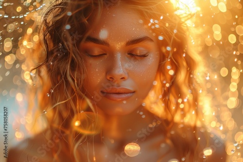 A girl's face is dreamily surrounded by bokeh lights and sparkling water droplets, evoking fantasy