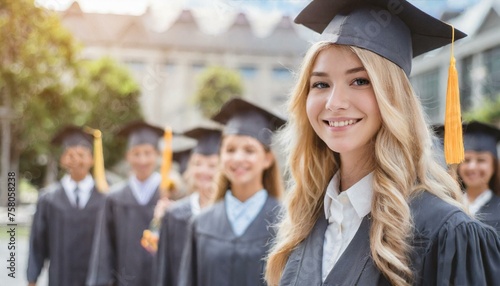group of students in graduation gown, young woman in a graduation gown photo