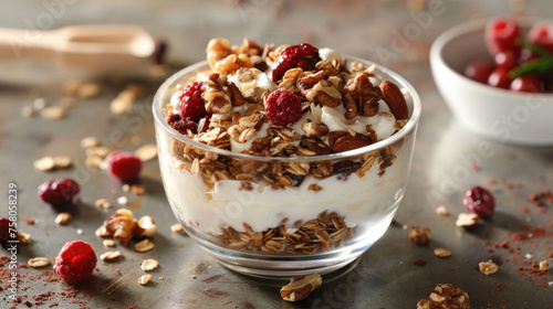 Healthy breakfast concept. Glass glass of granola with yogurt, muesli, nuts and fresh berries fruits on the table. Copy space