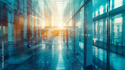  Blurred glass wall of modern business office building at the business center